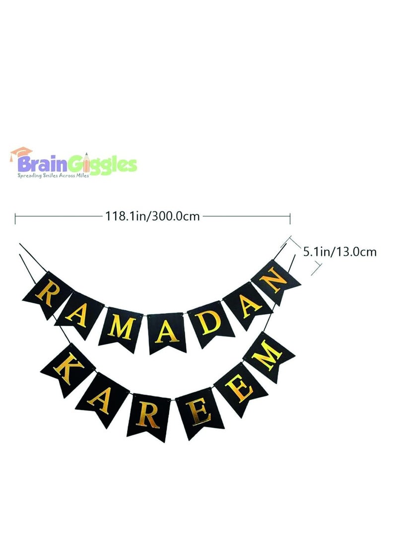 BrainGiggles Ramadan Kareem Mubarak Banner Garland - Eid Banner Flag, Ramadan Party Hanging Decorations - Black & Gold - Image 2